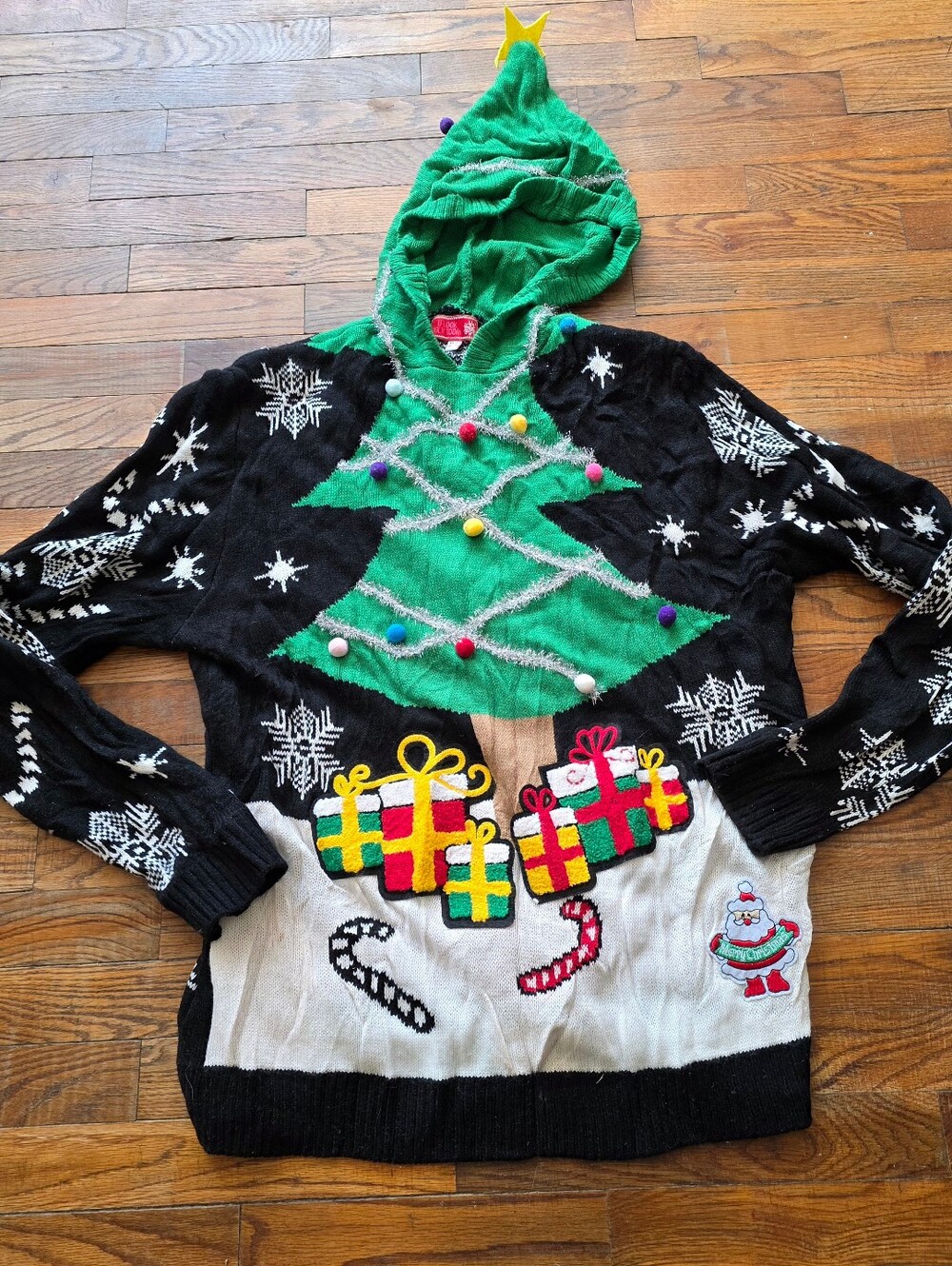 Men's Christmas Tree Hooded Ugly Crewneck Sweater - Green/Black